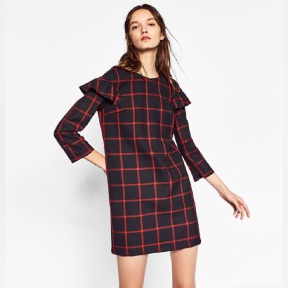 Zara Dark navy blue & red windowpane ruffled mini dress XS